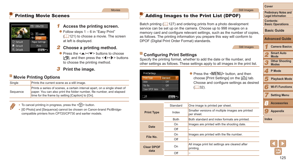 Use camera dpof print settings, 125) to print, Adding images to the print | List (dpof), 125), or, Adding images to the print list, Dpof), Printing movie scenes, Adding images to the print list (dpof) | Canon PowerShot ELPH 115 IS User Manual | Page 125 / 151