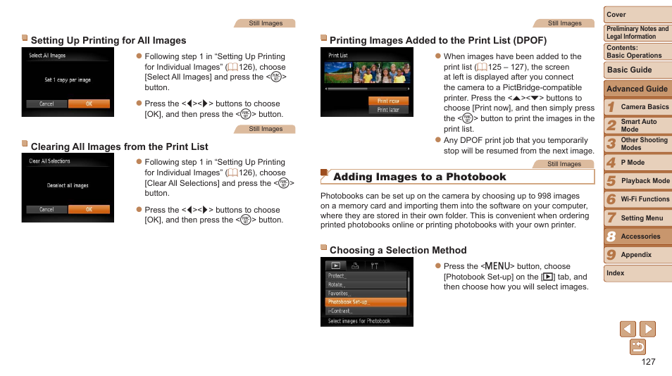 Adding images to a photobook, 127) and ordering prints from a photo development | Canon PowerShot ELPH 115 IS User Manual | Page 127 / 151