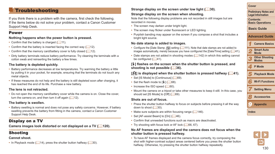 Troubleshooting, Power, Display on a tv | Shooting | Canon PowerShot ELPH 115 IS User Manual | Page 130 / 151