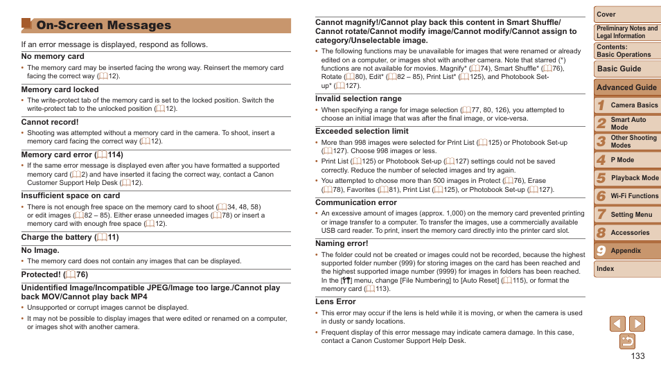 On-screen messages | Canon PowerShot ELPH 115 IS User Manual | Page 133 / 151