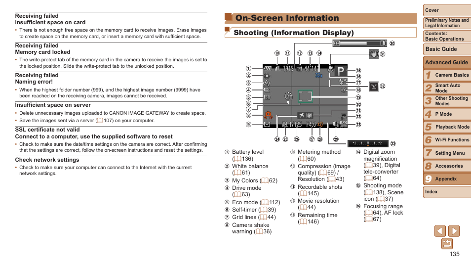 On-screen information, Information, Shooting (information display) | Canon PowerShot ELPH 115 IS User Manual | Page 135 / 151