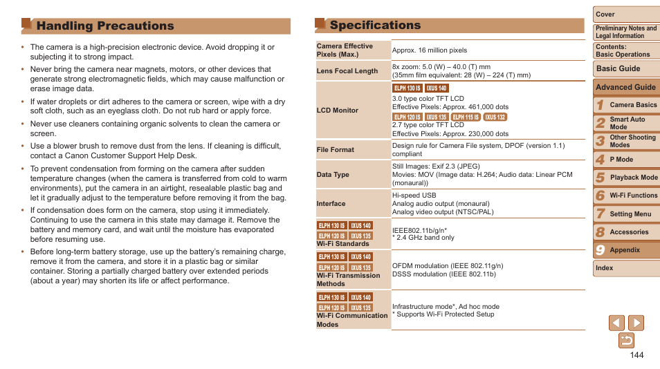 Handling precautions, Specifications | Canon PowerShot ELPH 115 IS User Manual | Page 144 / 151