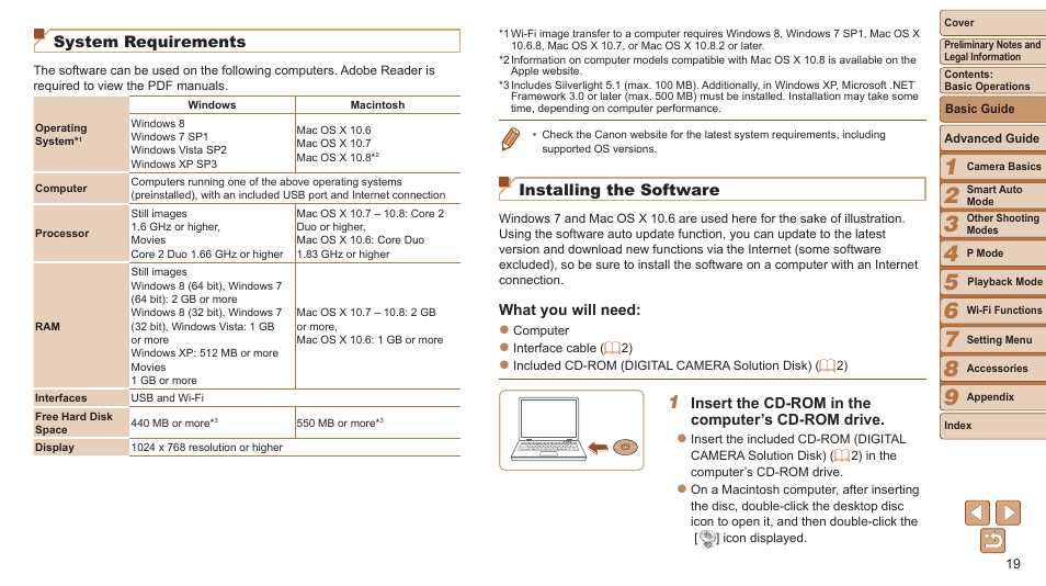 System requirements, Installing the software | Canon PowerShot ELPH 115 IS User Manual | Page 19 / 151