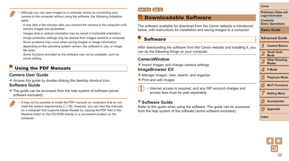 Downloadable software, Using the pdf manuals, Software | Canon PowerShot ELPH 115 IS User Manual | Page 22 / 151