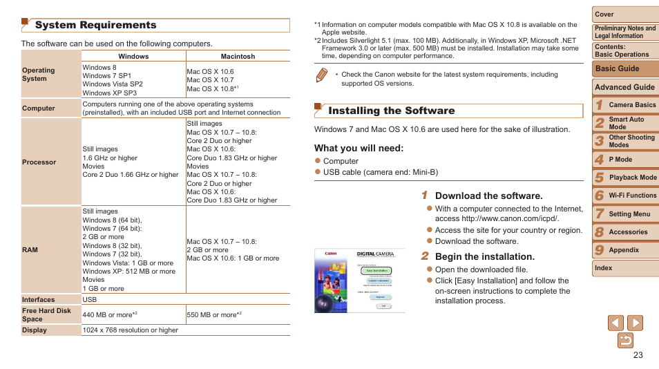 System requirements, Installing the software | Canon PowerShot ELPH 115 IS User Manual | Page 23 / 151