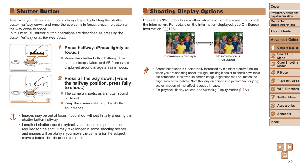 Shutter button, Shooting display options, Halfway | Canon PowerShot ELPH 115 IS User Manual | Page 30 / 151