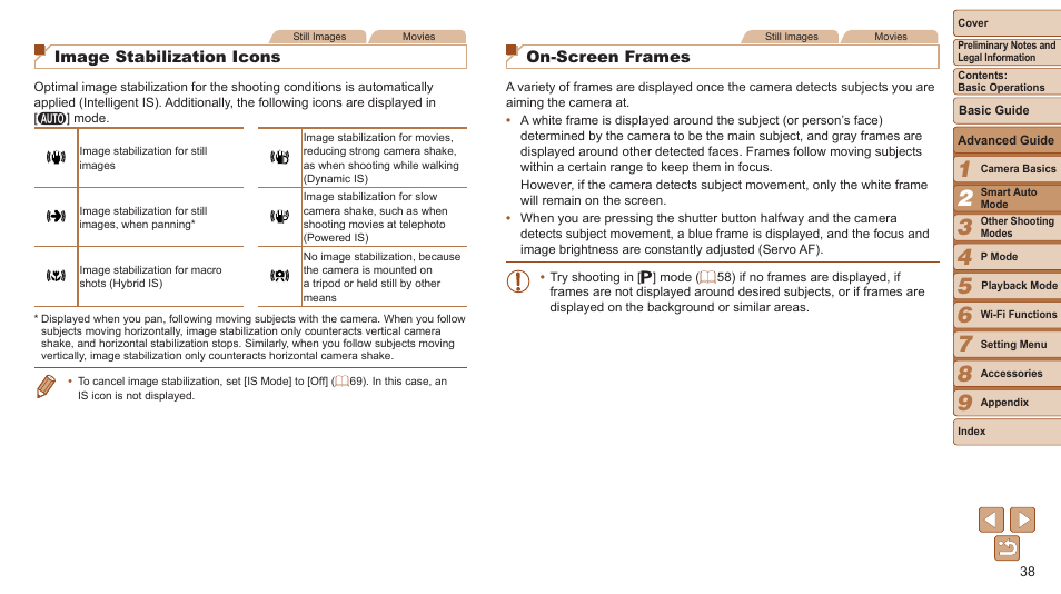 Image stabilization icons, On-screen frames | Canon PowerShot ELPH 115 IS User Manual | Page 38 / 151