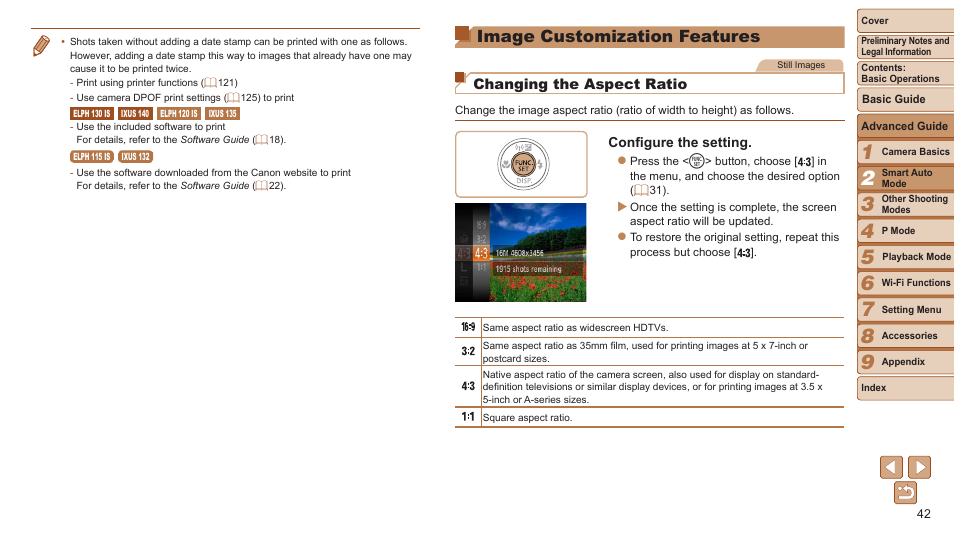 Image customization features, Image customization, Features | Changing the aspect ratio | Canon PowerShot ELPH 115 IS User Manual | Page 42 / 151