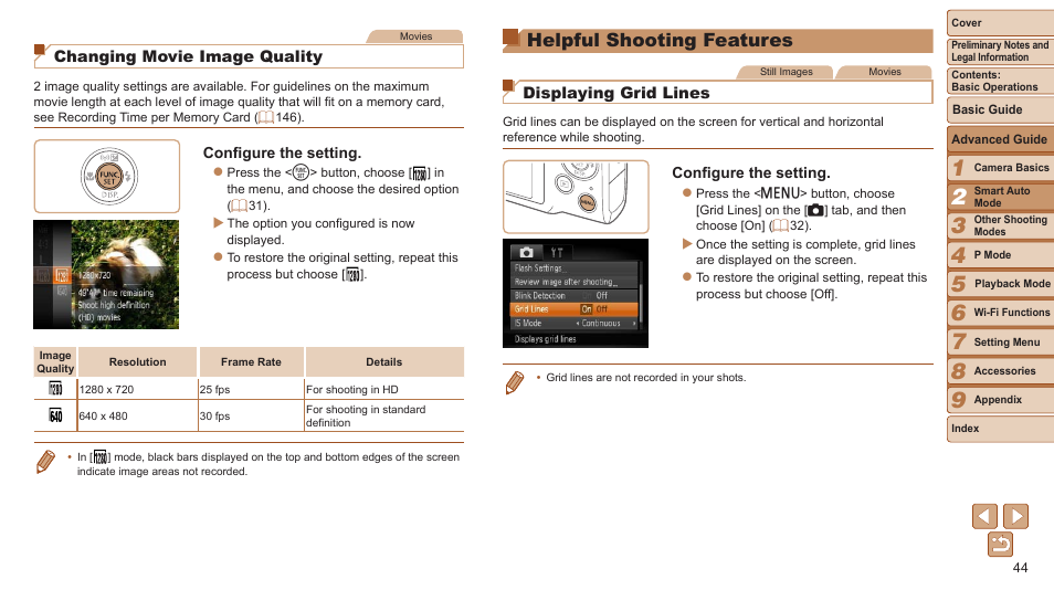 Helpful shooting features, Changing movie image quality, Displaying grid lines | Canon PowerShot ELPH 115 IS User Manual | Page 44 / 151