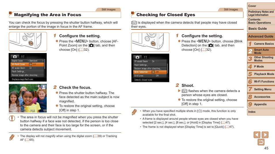 Magnifying the area in focus, Checking for closed eyes | Canon PowerShot ELPH 115 IS User Manual | Page 45 / 151