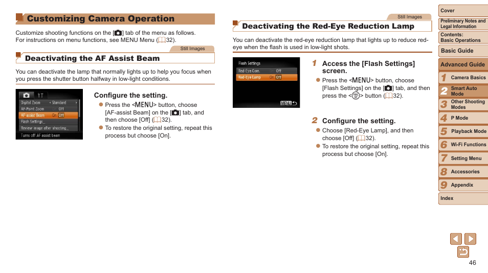 Customizing camera operation, Customizing camera, Operation | Canon PowerShot ELPH 115 IS User Manual | Page 46 / 151