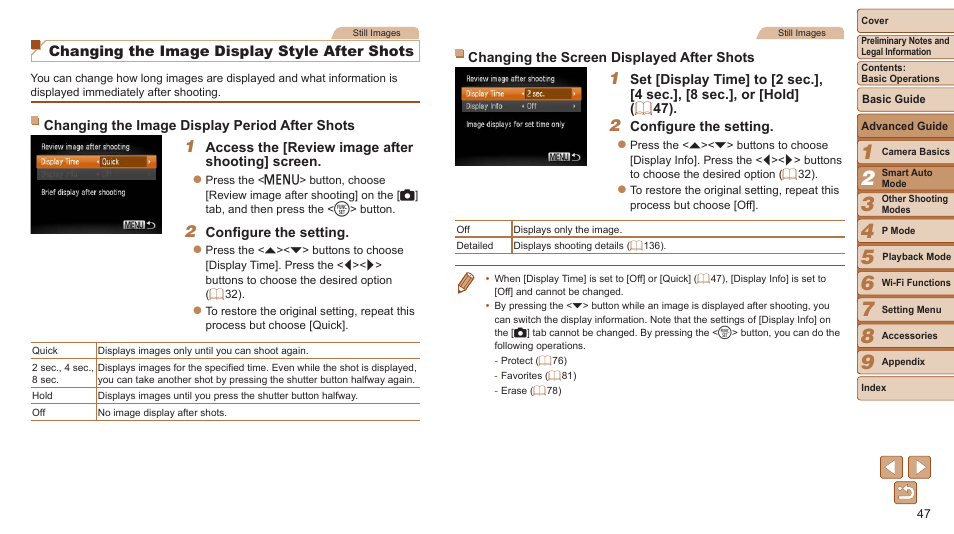 Ime] is set to [quick, Changing the image display style after shots | Canon PowerShot ELPH 115 IS User Manual | Page 47 / 151