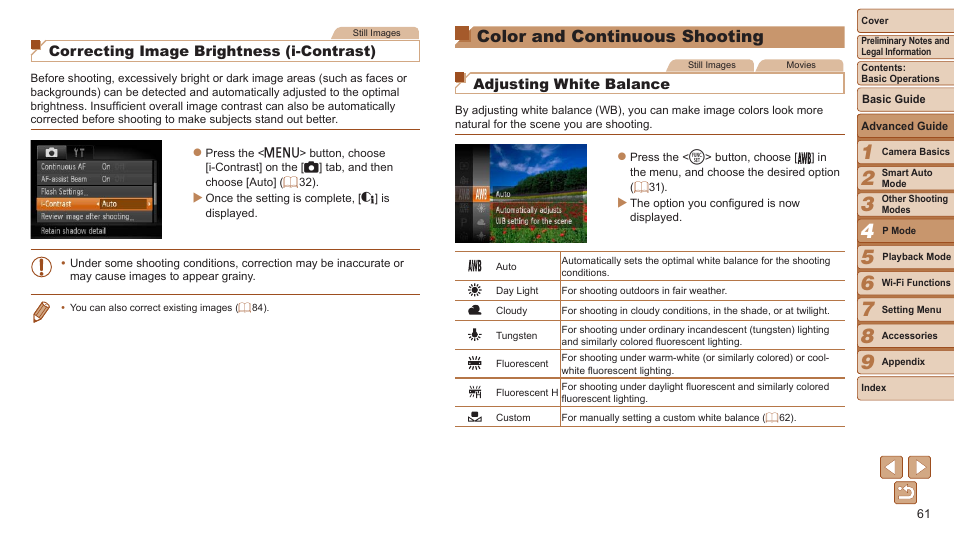 Color and continuous shooting, Color and continuous, Shooting | Correcting image brightness (i-contrast), Adjusting white balance | Canon PowerShot ELPH 115 IS User Manual | Page 61 / 151