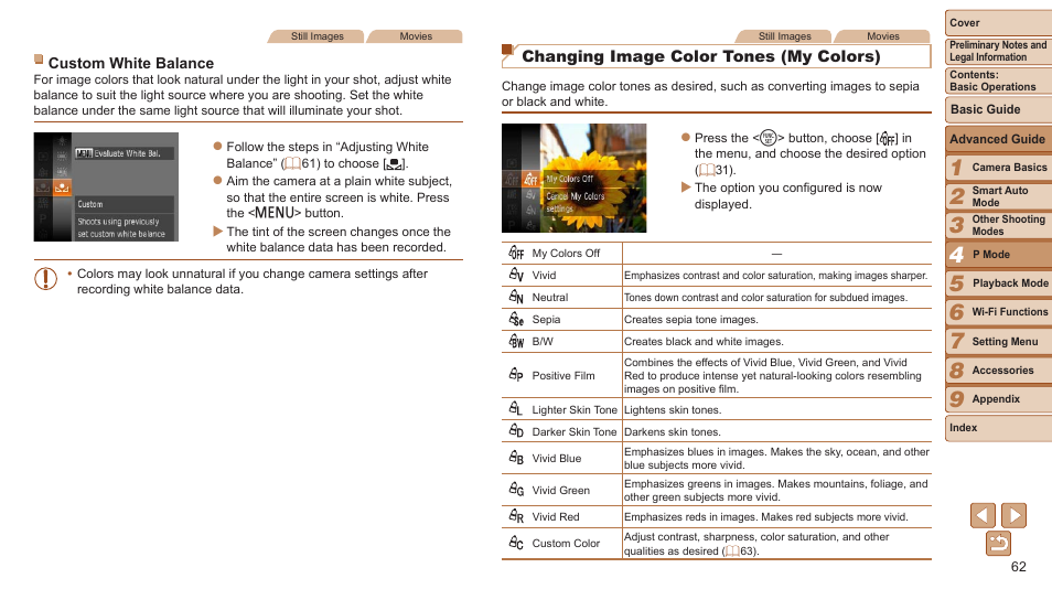 For manually setting a custom white balance, Changing image color tones (my colors) | Canon PowerShot ELPH 115 IS User Manual | Page 62 / 151