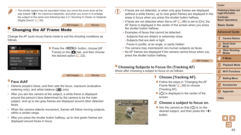 Changing the af frame mode | Canon PowerShot ELPH 115 IS User Manual | Page 65 / 151