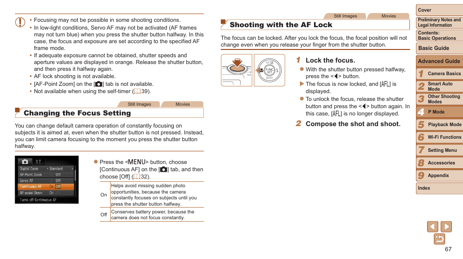Changing the focus setting, Shooting with the af lock | Canon PowerShot ELPH 115 IS User Manual | Page 67 / 151