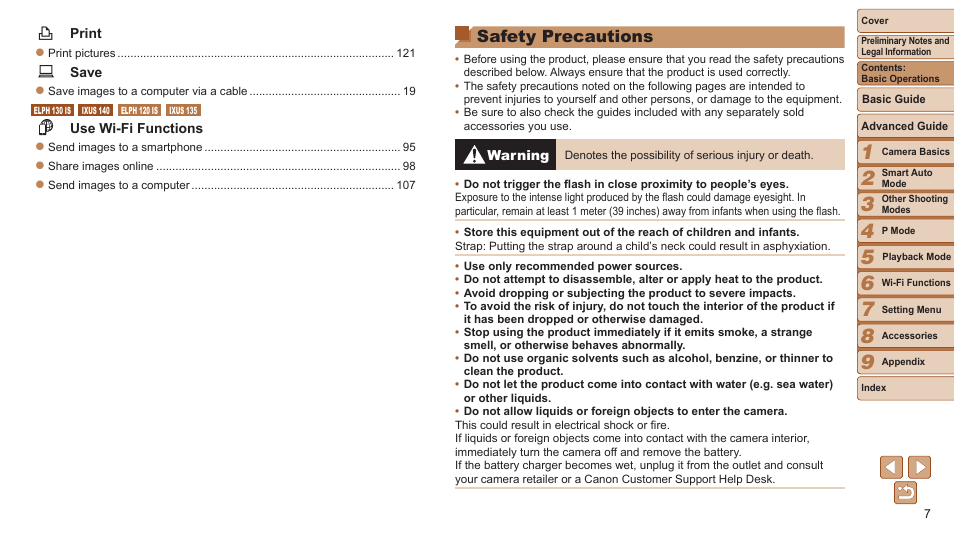 Safety precautions | Canon PowerShot ELPH 115 IS User Manual | Page 7 / 151