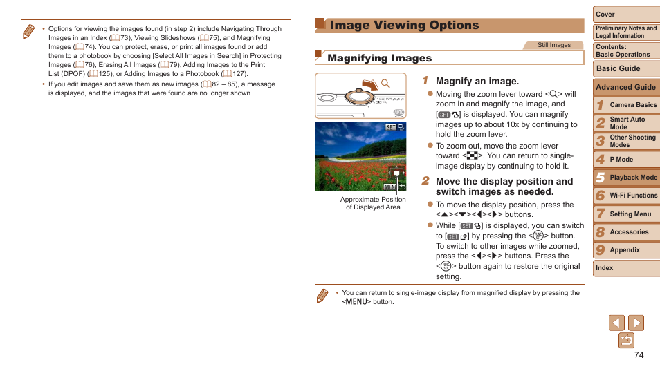 Image viewing options, Magnifying images | Canon PowerShot ELPH 115 IS User Manual | Page 74 / 151
