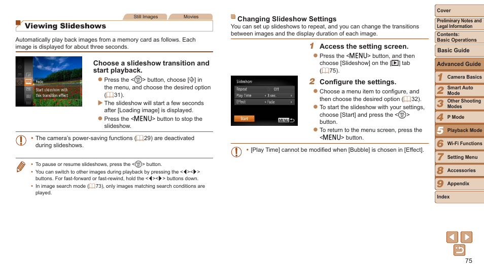 Iewing slideshows, 75), and magnifying, Viewing slideshows | Canon PowerShot ELPH 115 IS User Manual | Page 75 / 151