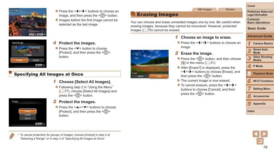 Erasing images, Erase, 78) these images all at once | Canon PowerShot ELPH 115 IS User Manual | Page 78 / 151