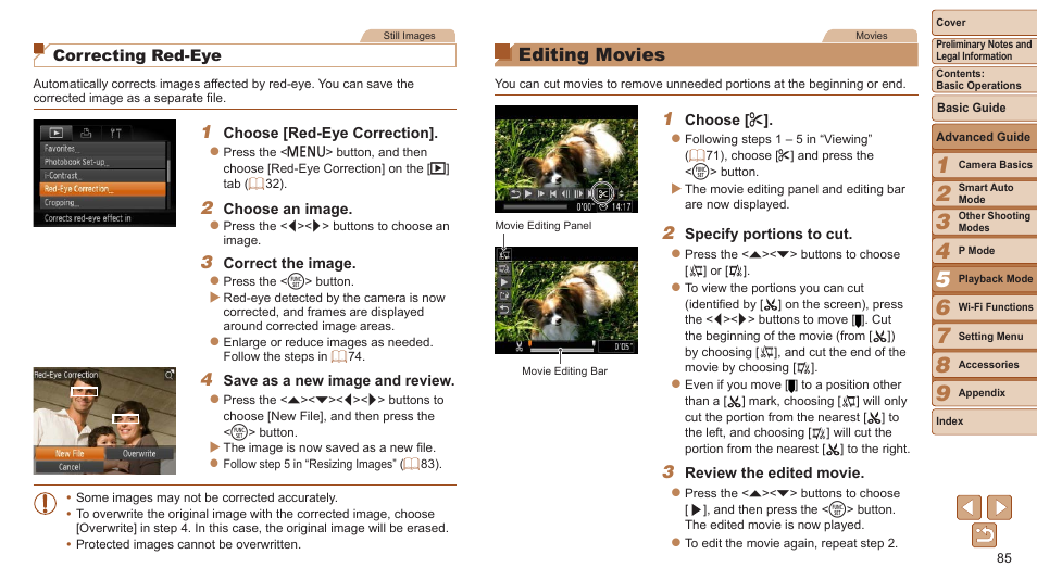Editing movies, Ou can also correct existing images, 85), a message | 85) is only available when the memory | Canon PowerShot ELPH 115 IS User Manual | Page 85 / 151