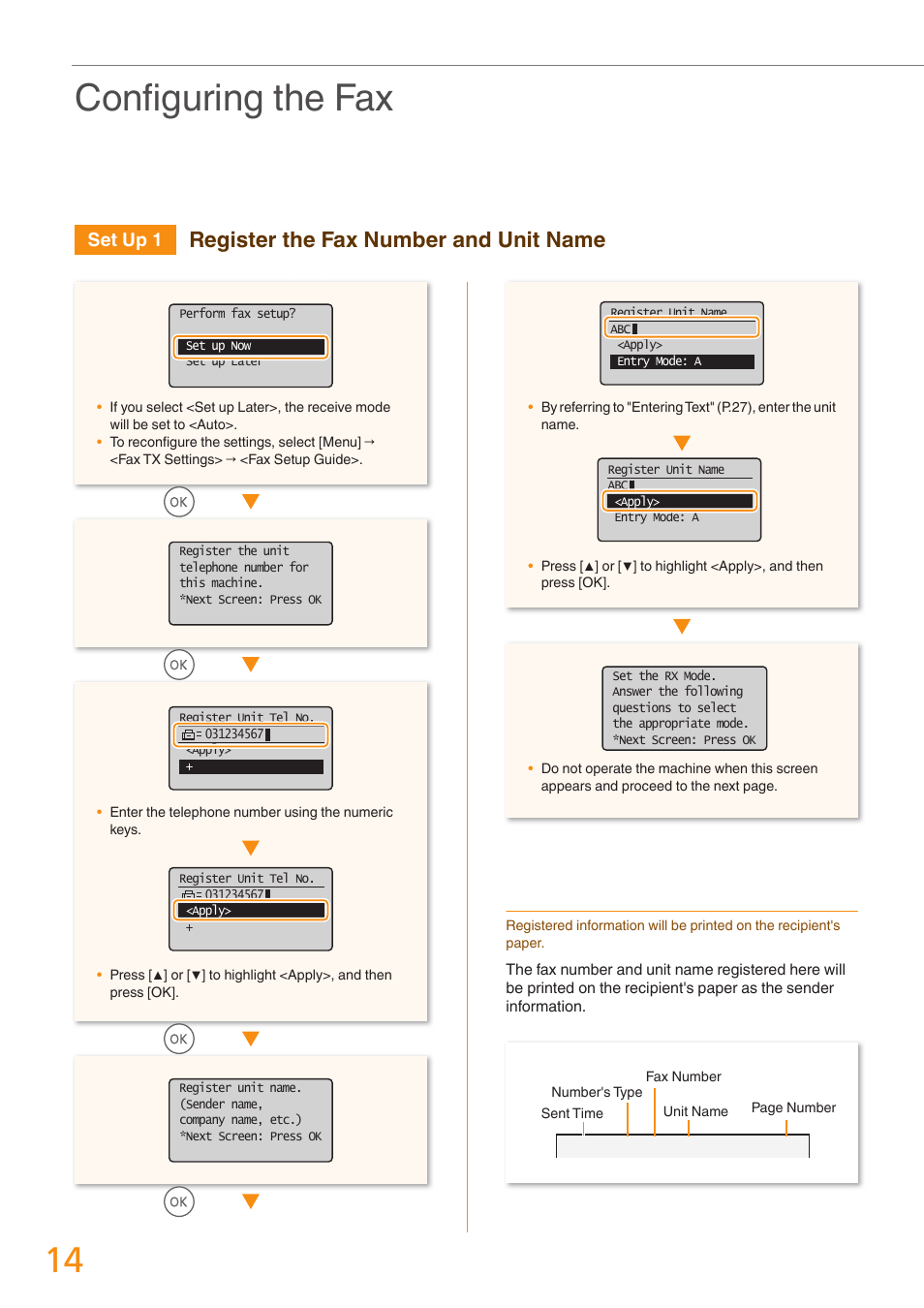 Confi guring the fax, Register the fax number and unit name, Set up 1 | Canon FAXPHONE L190 User Manual | Page 14 / 28