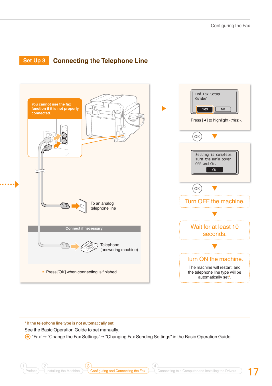 Connecting the telephone line, Set up 3 | Canon FAXPHONE L190 User Manual | Page 17 / 28