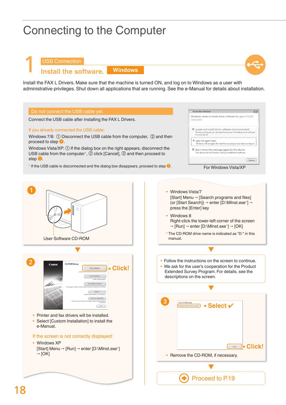 Connecting to the computer, Install the software | Canon FAXPHONE L190 User Manual | Page 18 / 28