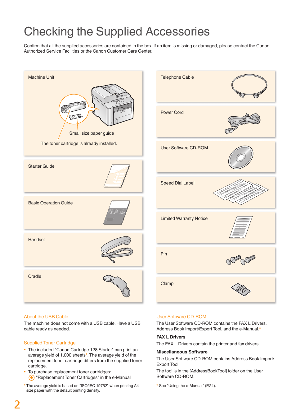 Checking the supplied accessories | Canon FAXPHONE L190 User Manual | Page 2 / 28