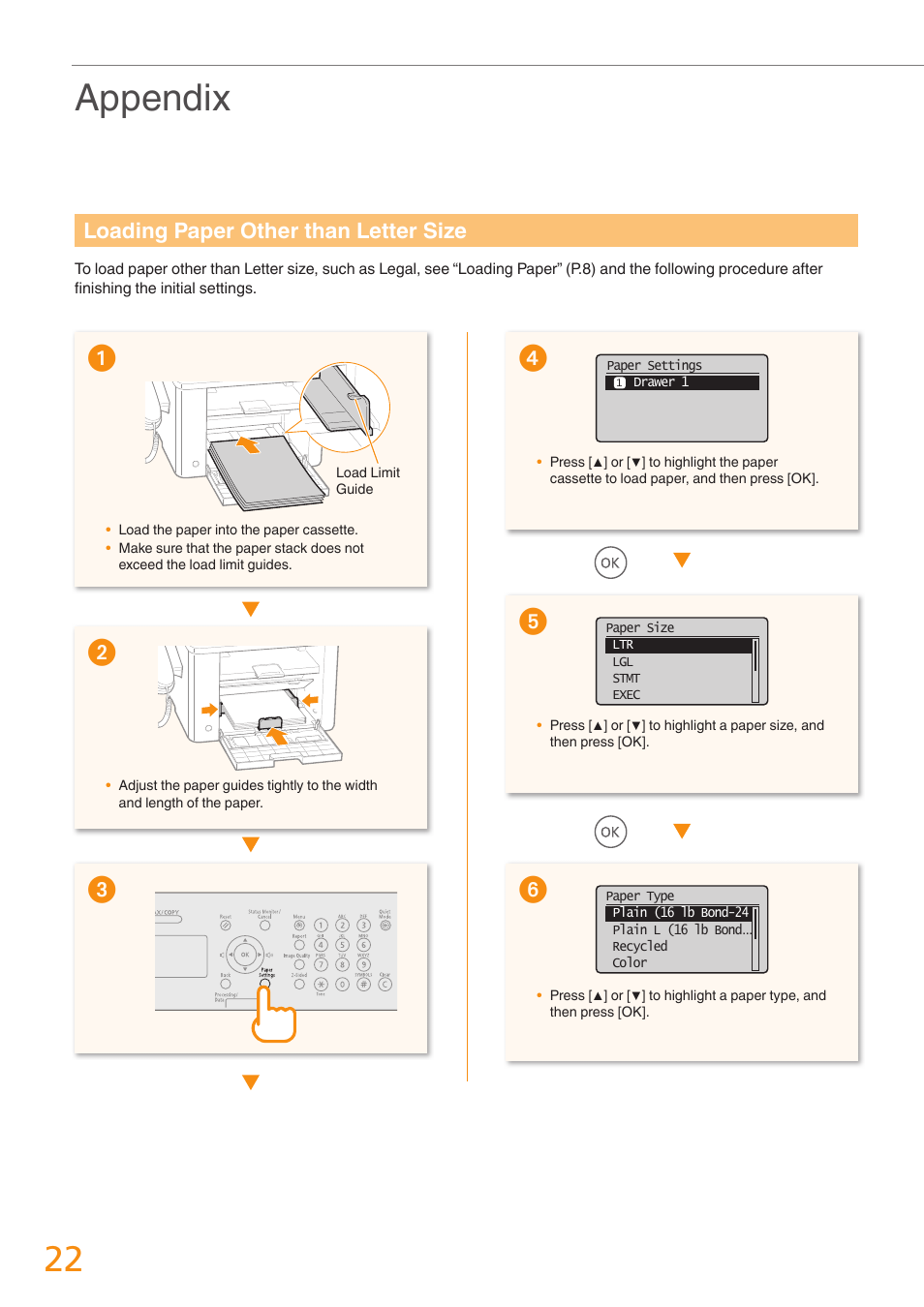 Appendix, Loading paper other than letter size | Canon FAXPHONE L190 User Manual | Page 22 / 28