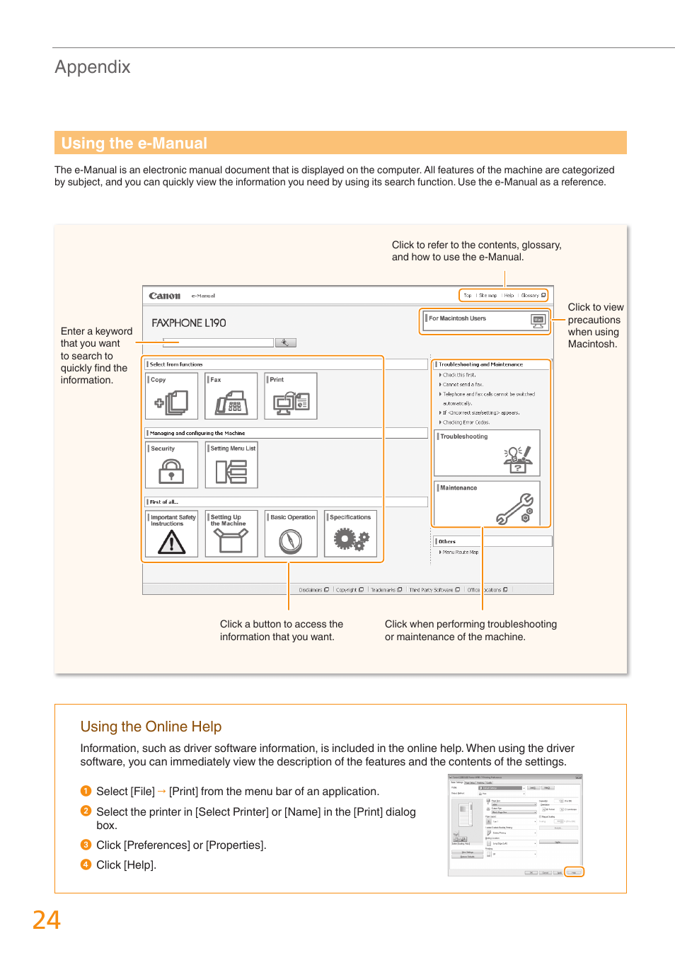 Appendix, Using the e-manual, Using the online help | Canon FAXPHONE L190 User Manual | Page 24 / 28