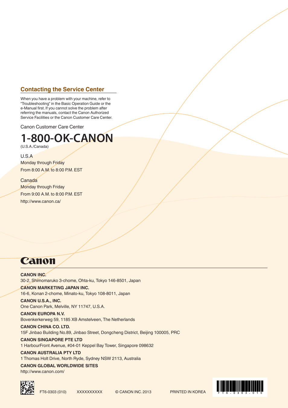 800-ok-canon, Contacting the service center | Canon FAXPHONE L190 User Manual | Page 28 / 28