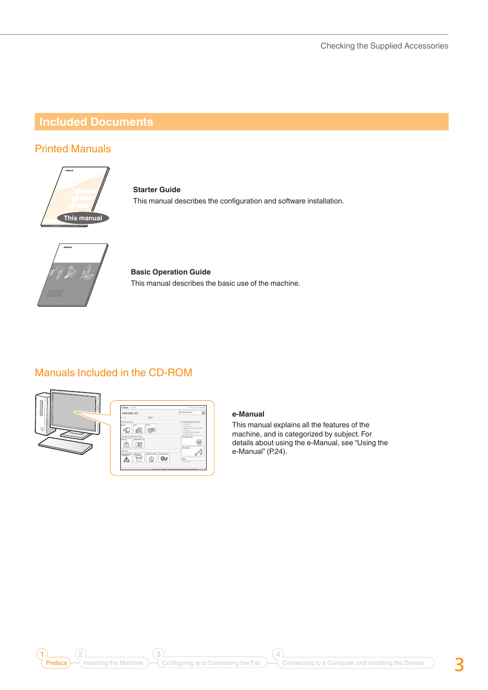 Included documents, Printed manuals, Manuals included in the cd-rom | Canon FAXPHONE L190 User Manual | Page 3 / 28