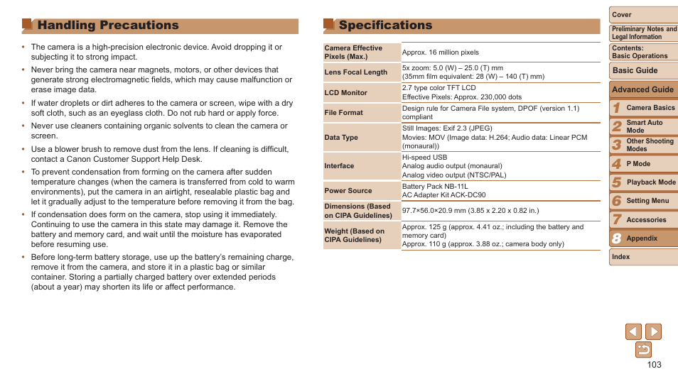 Handling precautions, Specifications | Canon PowerShot A2500 User Manual | Page 103 / 109