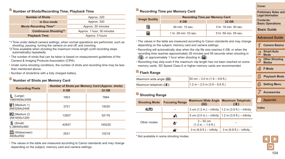 See “number of shots/recording time, Playback time, Range (shooting range), see “shooting range | Number of shots per memory card, See “recording time per memory card, Shooting range, Flash range, Shoot within flash range, Resolution, Time | Canon PowerShot A2500 User Manual | Page 104 / 109