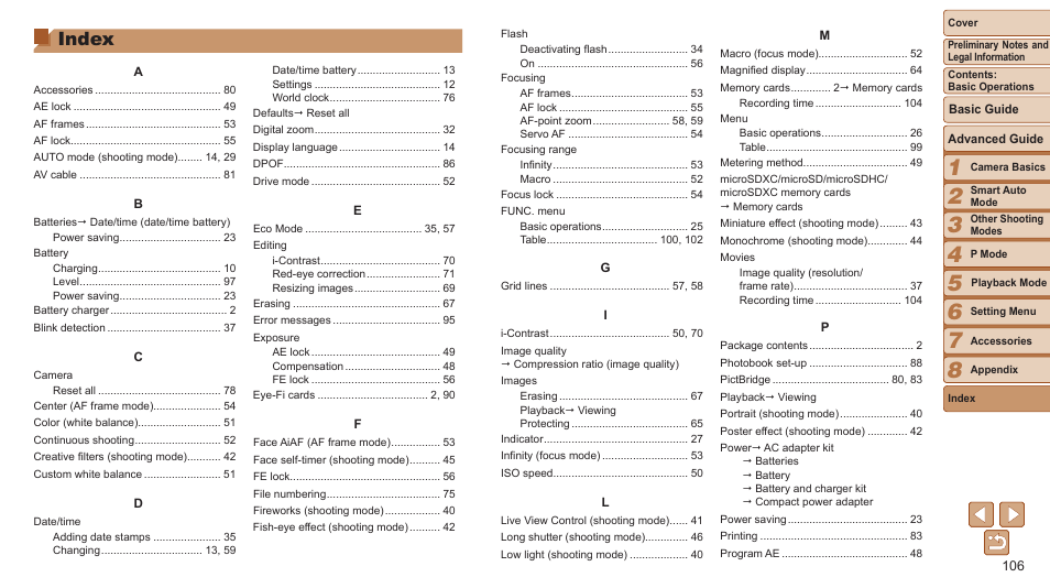 Index | Canon PowerShot A2500 User Manual | Page 106 / 109