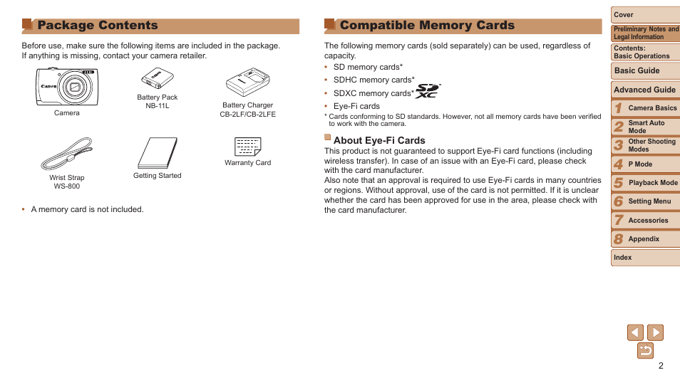 Package contents | Canon PowerShot A2500 User Manual | Page 2 / 109