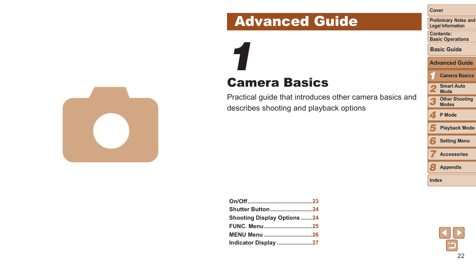 Advanced guide, Camera basics | Canon PowerShot A2500 User Manual | Page 22 / 109