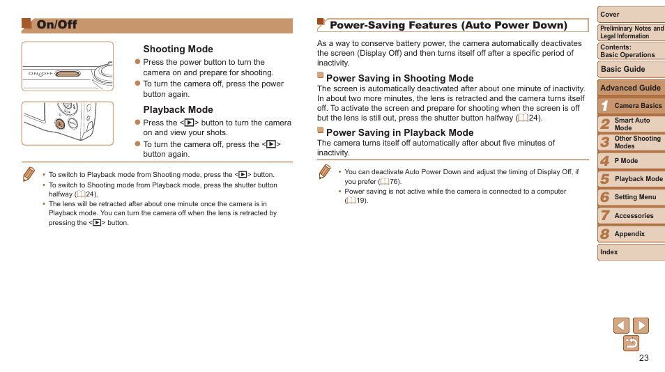 On/off, Power-saving features (auto power down) | Canon PowerShot A2500 User Manual | Page 23 / 109