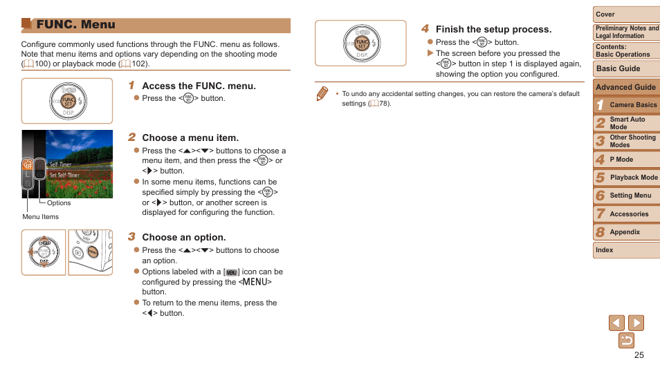 Func. menu | Canon PowerShot A2500 User Manual | Page 25 / 109