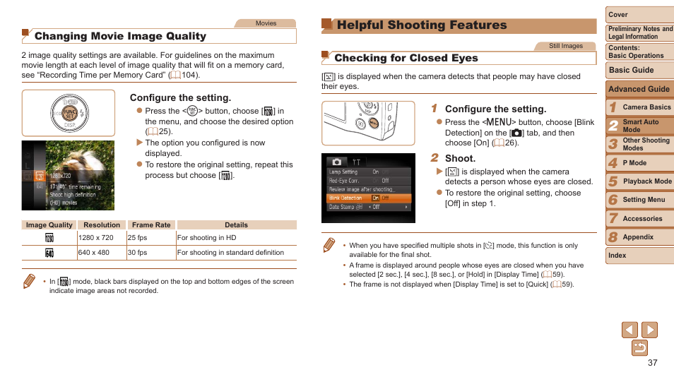 Helpful shooting features, Checking for closed eyes, Changing movie image quality | Canon PowerShot A2500 User Manual | Page 37 / 109