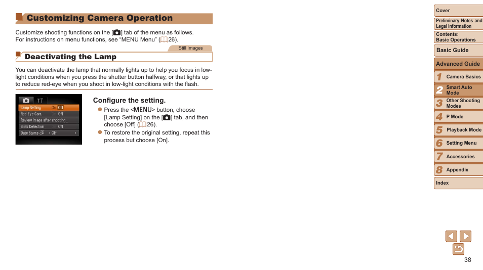 Customizing camera operation, Customizing camera, Operation | Canon PowerShot A2500 User Manual | Page 38 / 109