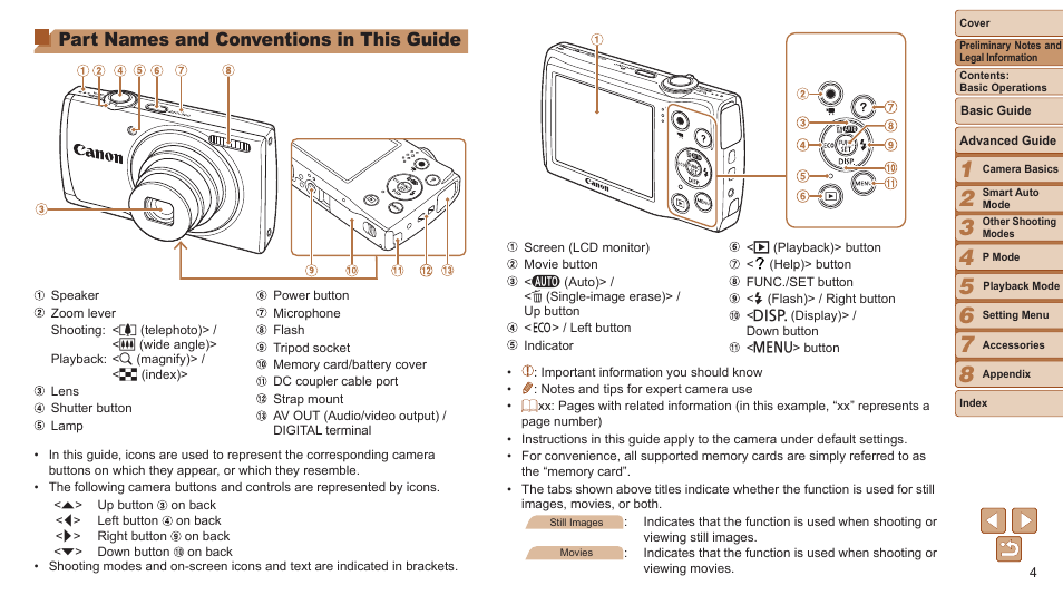 Part names and conventions in this guide | Canon PowerShot A2500 User Manual | Page 4 / 109