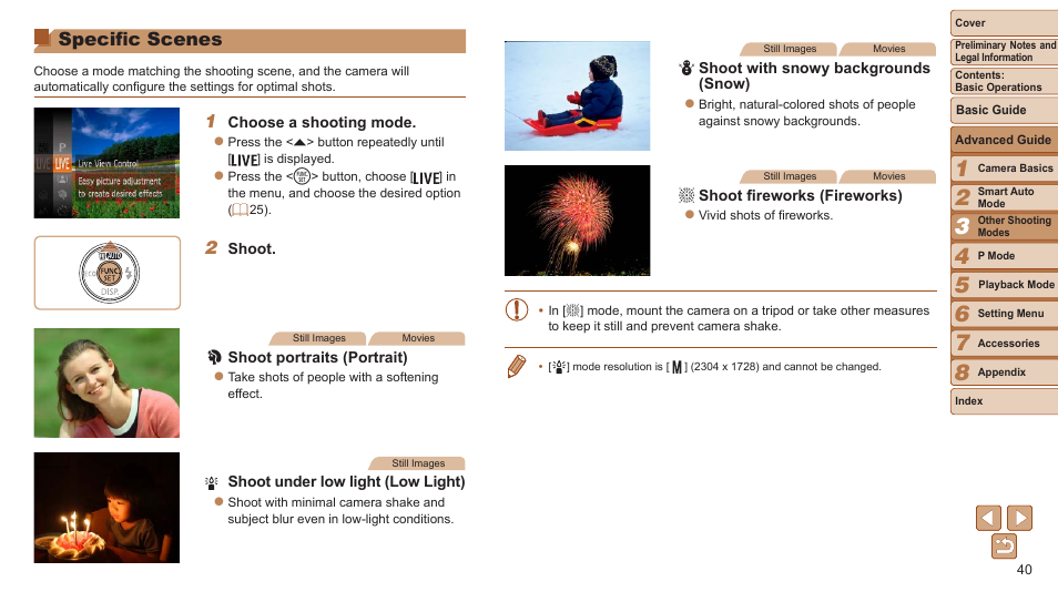 Specific scenes | Canon PowerShot A2500 User Manual | Page 40 / 109