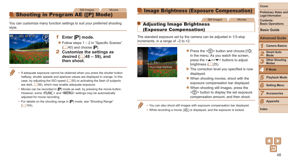 Shooting in program ae, P] mode), Image brightness | Exposure compensation), Image brightness (exposure compensation), Shooting in program ae ([p] mode) | Canon PowerShot A2500 User Manual | Page 48 / 109