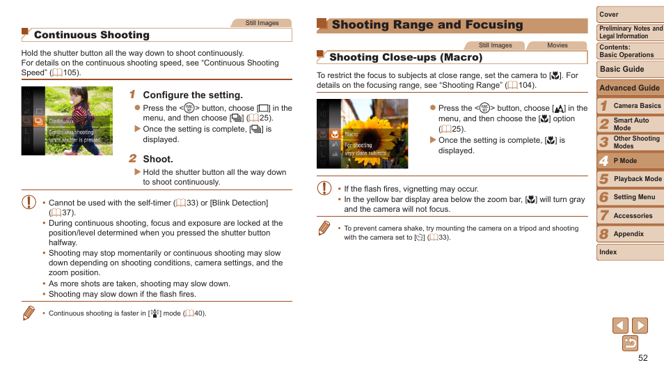 Shooting range and focusing, Shooting range and, Focusing | Shooting close-ups (macro), Continuous shooting | Canon PowerShot A2500 User Manual | Page 52 / 109