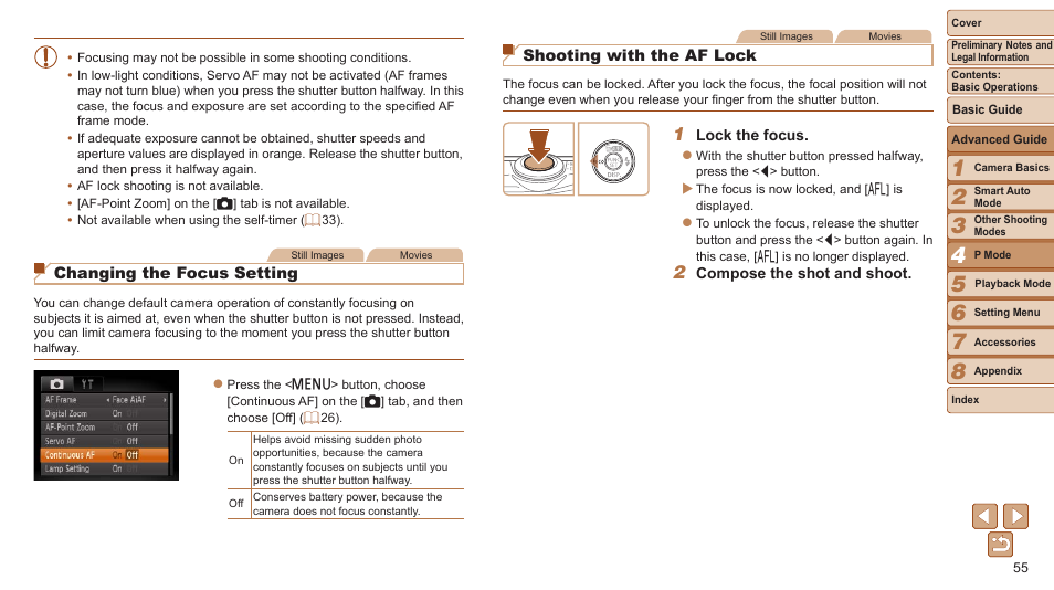 Shooting with the af lock, Changing the focus setting | Canon PowerShot A2500 User Manual | Page 55 / 109