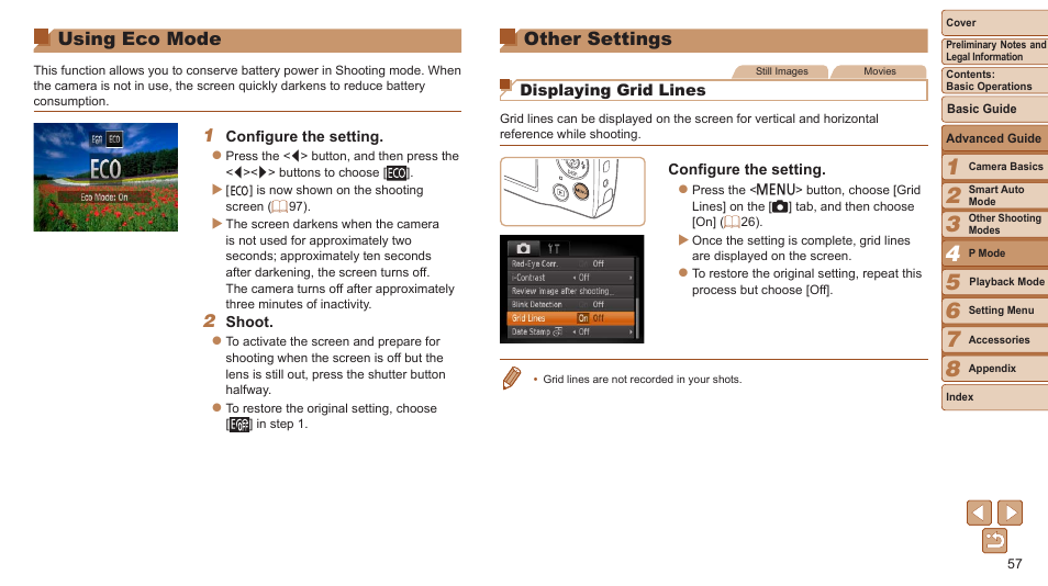 Using eco mode, Other settings | Canon PowerShot A2500 User Manual | Page 57 / 109