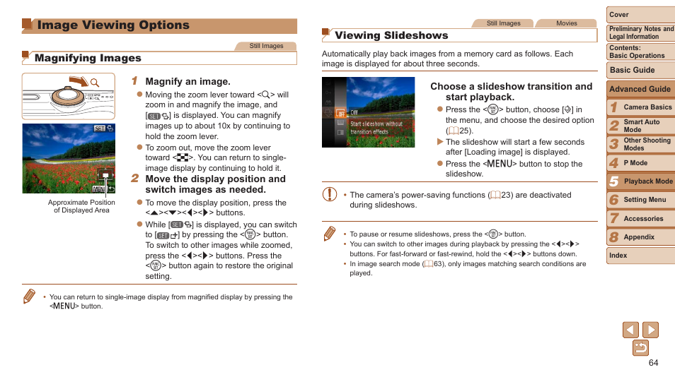 Image viewing options, Iewing slideshows, 64), and | Magnifying images | Canon PowerShot A2500 User Manual | Page 64 / 109