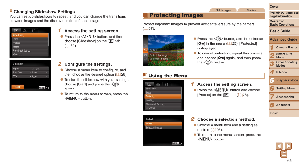 Protecting images, Protection, In “protecting images | 65), “erasing, 65) or delete | Canon PowerShot A2500 User Manual | Page 65 / 109